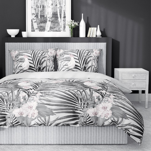 Pościel satynowa 160x200 szara liście Home Satin