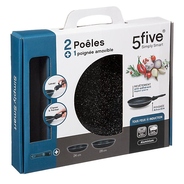 2 poêles Aluminium poignée amovible 24/28 cm - 5Five