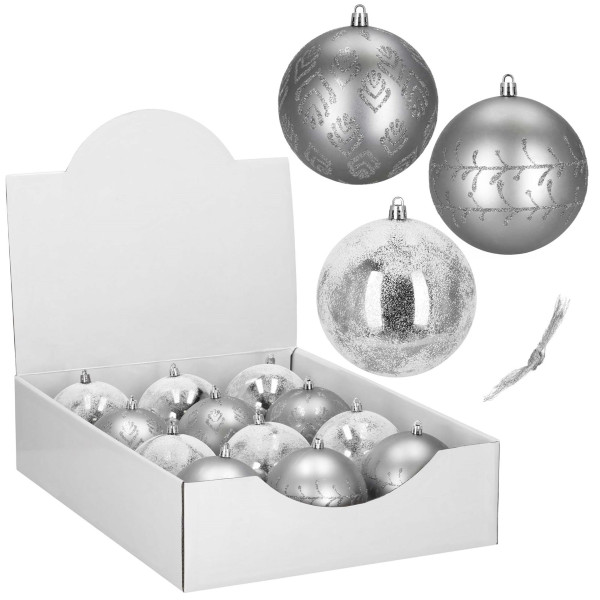 Bombki choinkowe srebrne 12 szt. 11 cm komplet ozdoby świąteczne zdobione