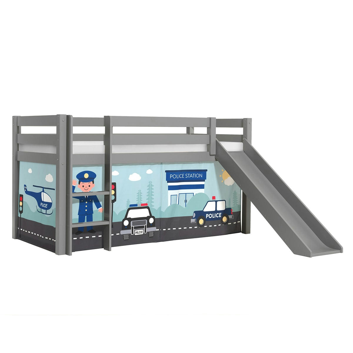 PINO - Lit mi-hauteur 90x200 toboggan sommier inclus housse police bleu