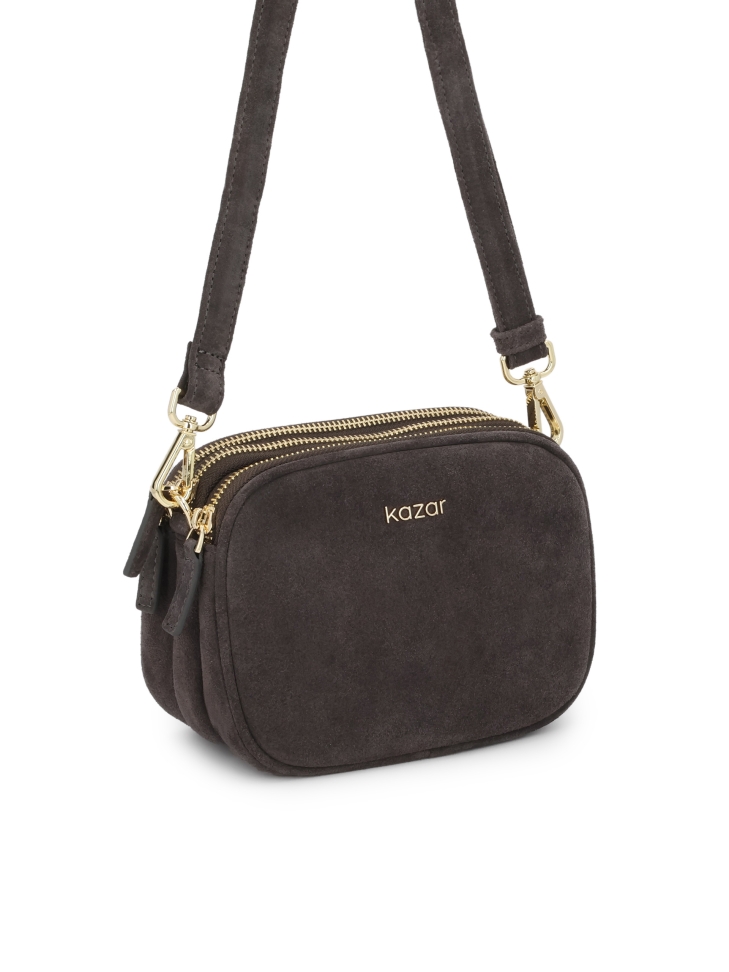Grey suede handbag with three compartments