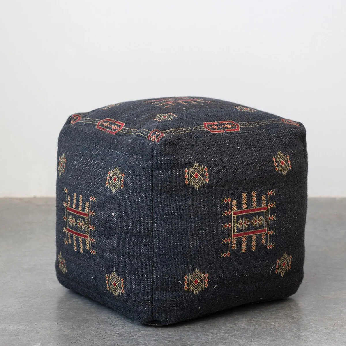 Cotton Tufted Pouf Ottoman with Geometric Embroidery
