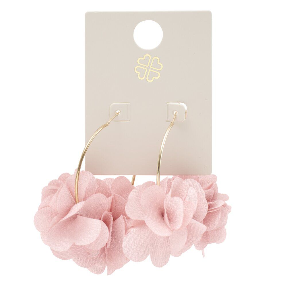 Créoles métal doré avec fleur tissu rose Ø3,5cm