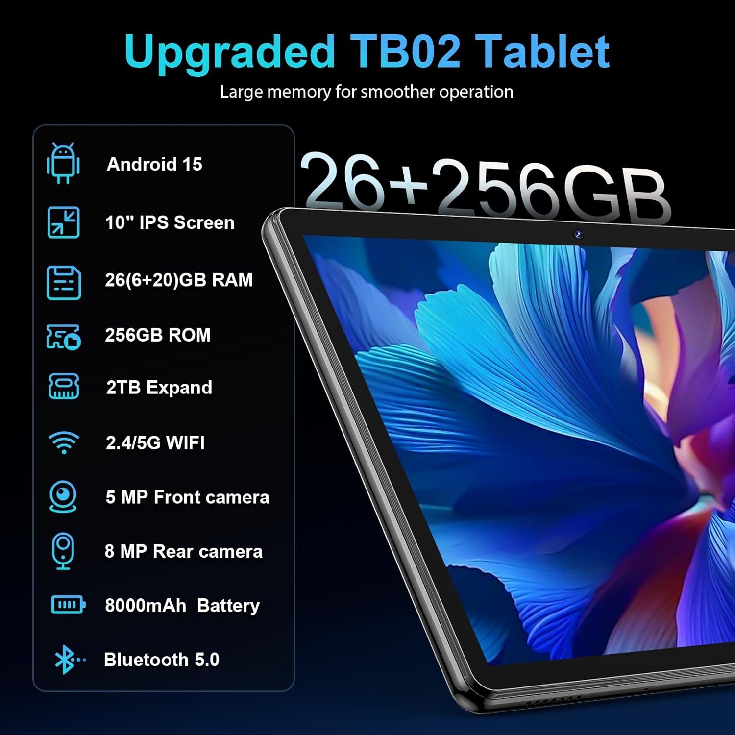Android Tablet with Keyboard, 2026 Android 15 Tablet 10 inch, 26GB+256GB+2TB Expand, Electronic Tablet PC with Gemini, 8-Core, 8000mAh, 5G WiFi, GMS, 2 in 1 Tablet with Case/Mouse/Stylus(Black Case)