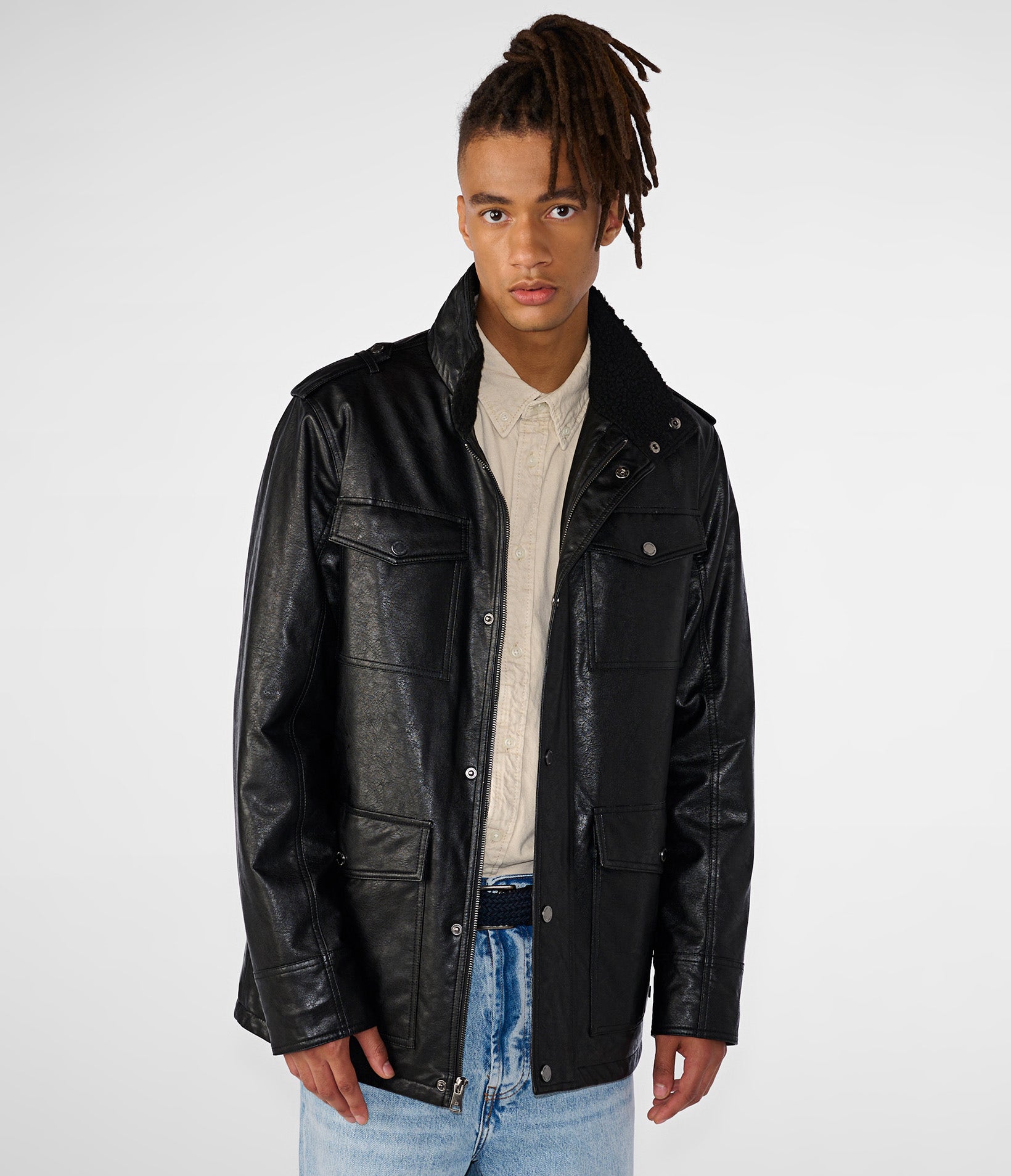 Four-Pocket Faux Leather Jacket with Sherpa Collar Detail