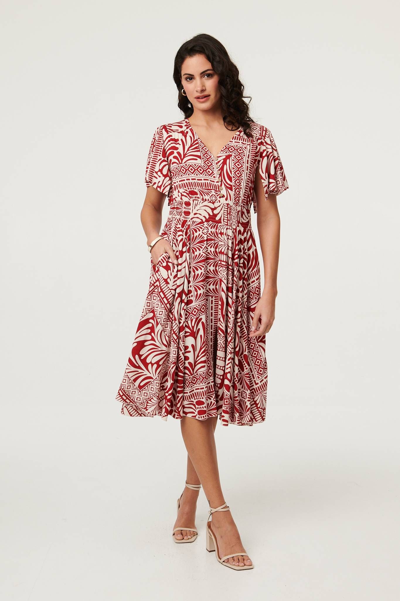 Izabel London Abstract Print Angel Sleeve Midi Dress