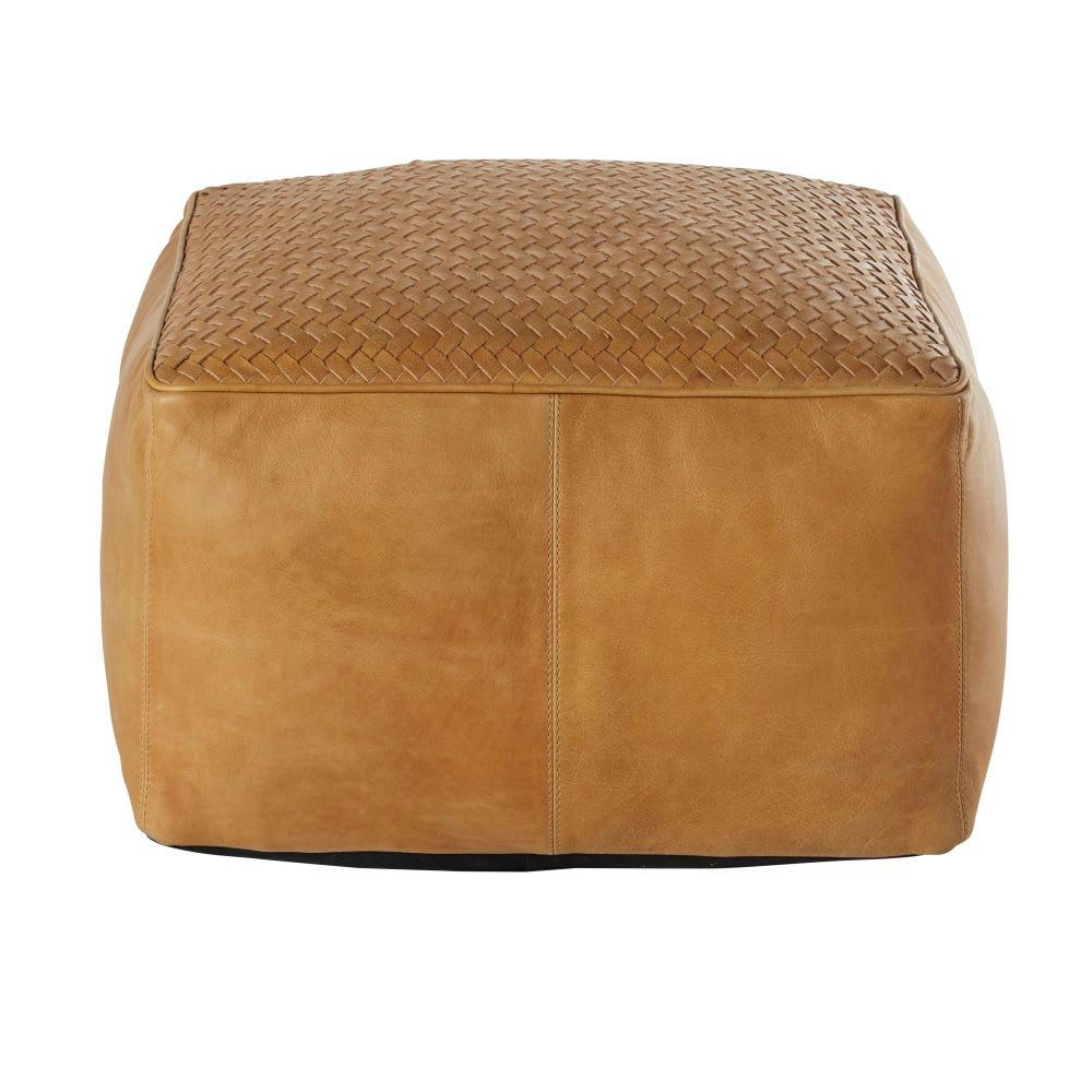 - Pouf en cuir de buffle camel tressé