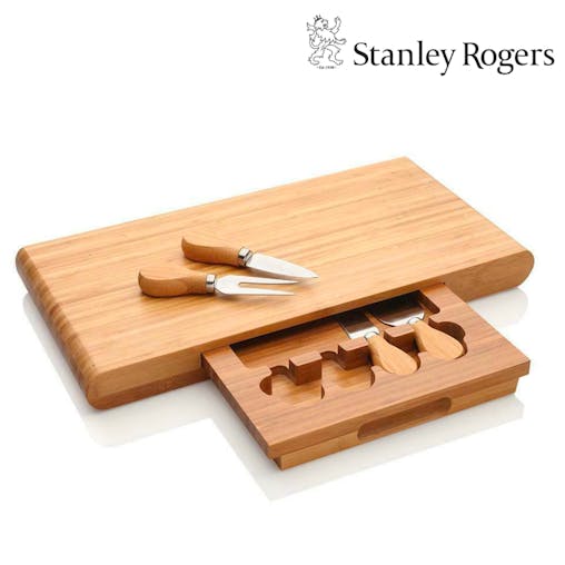 Stanley Roger Cheese Board Set 5Pc Large Bamboo Chopping Block & Cutlery