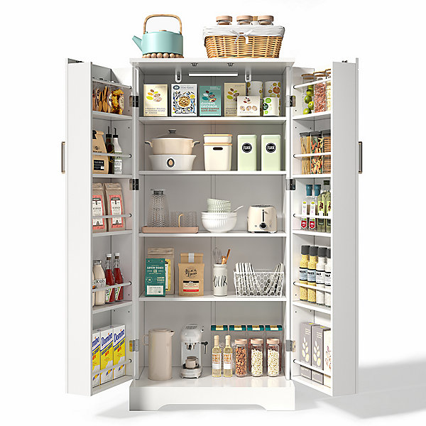 Armoire de cuisine multifonctionnelle,60x35x128cm,blanc,éclairage LED à capteur,étagères réglables,double porte,anti-basculement