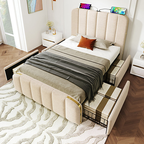 Lit avec rangement 90x200 cm - Lit simple rembourré - Textile - avec 4 tiroirs - Sans Matelas - Beige