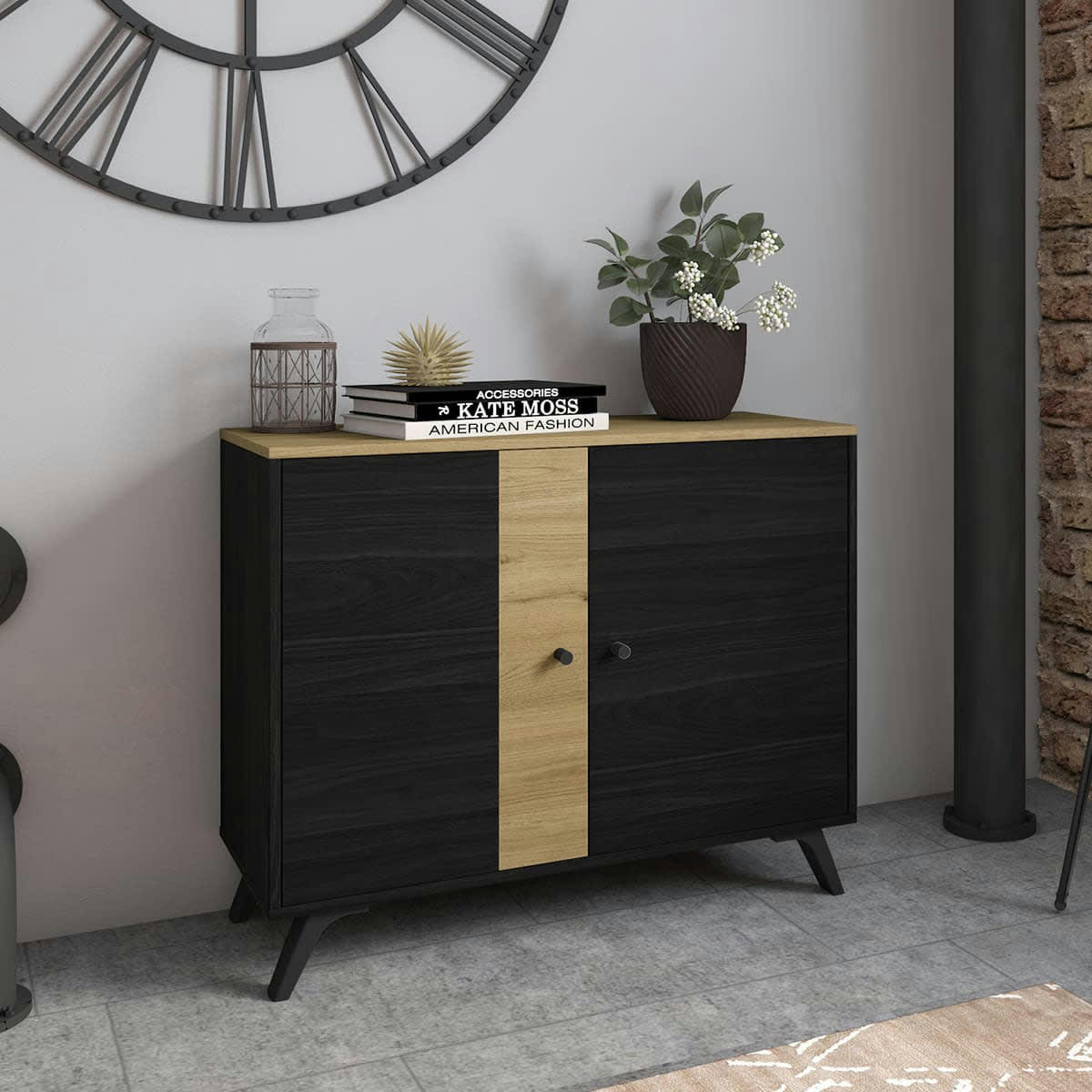 ZACK - Buffet 2 portes effet bois noir et bois naturel 92 cm