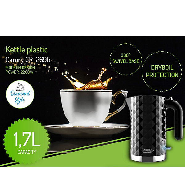 Bouilloire électrique Noir 1,7 L - 2200W - Protection contre l'ébullition à sec - Camry CR 1269B