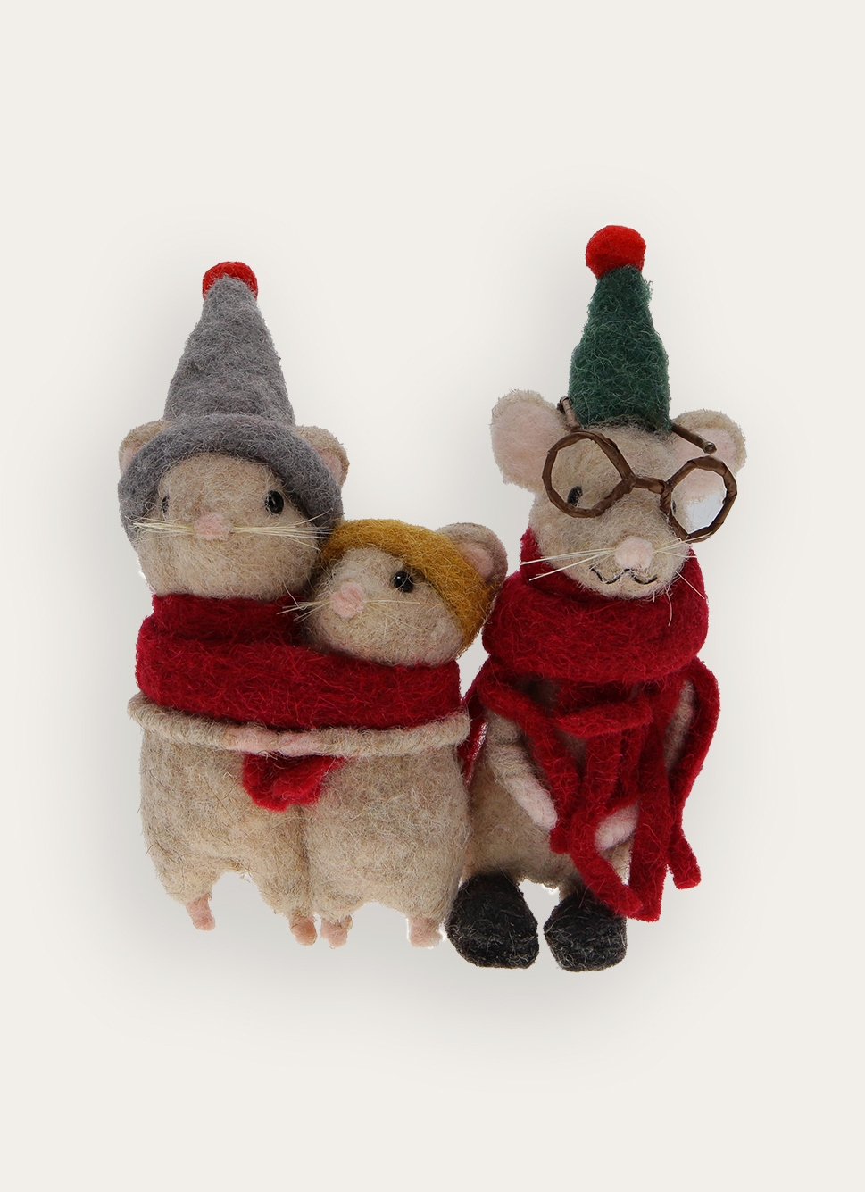 PETITE SOURIS EN FEUTRE AVEC LUNETTES ET ÉCHARPE BEIGE CLAIR