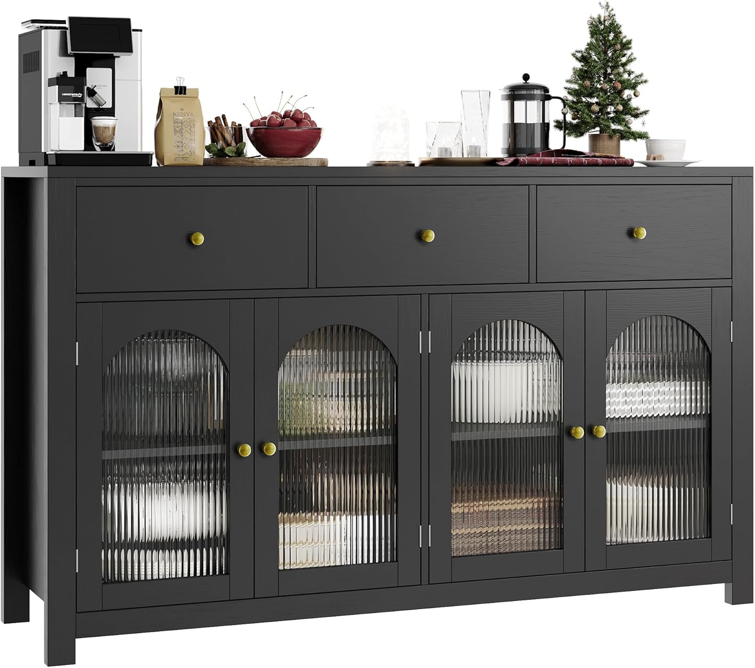 FINETONES Buffet Cabinet with Storage, 55.1 Large Sideboard Buffet Farmhouse Kitchen Cabinet with 3 Drawers and 4 Doors, Wood Coffee Bar for Kitchen, Black