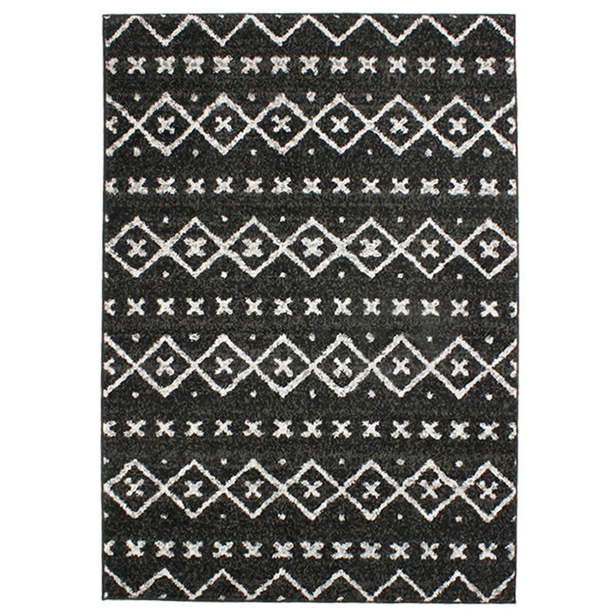 VENISE - Tapis toucher laineux imprimé motifs ethniques noir 133x190