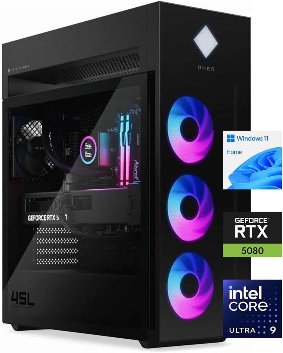 HP Omen 45L RTX 5080 Gaming Desktop  Intel Ultra 9 285K  64GB DDR5 RAM  2TB SSD  RGB Light Studio  DP  RJ-45  Black  Windows 11 Home
