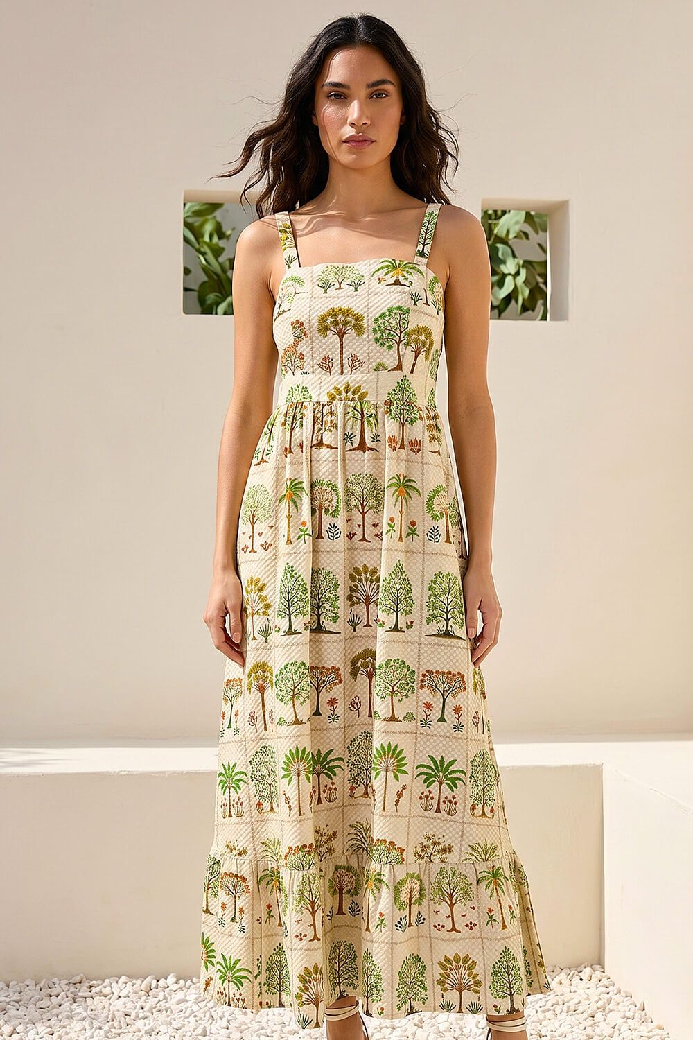 Roman Tree Tile Print Strappy Tie Midi Dress