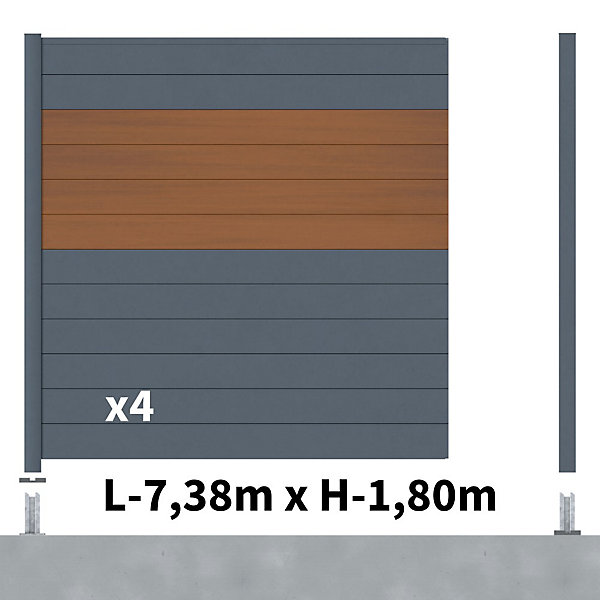 Kit Clôture Aluminium BAHIA &CRUZ Teck 7,38x1,8m - Aluminium et bois composite - Poteaux sur Platines gris - Occultation