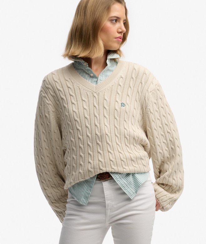 Oversized V Neck Cable Jumper