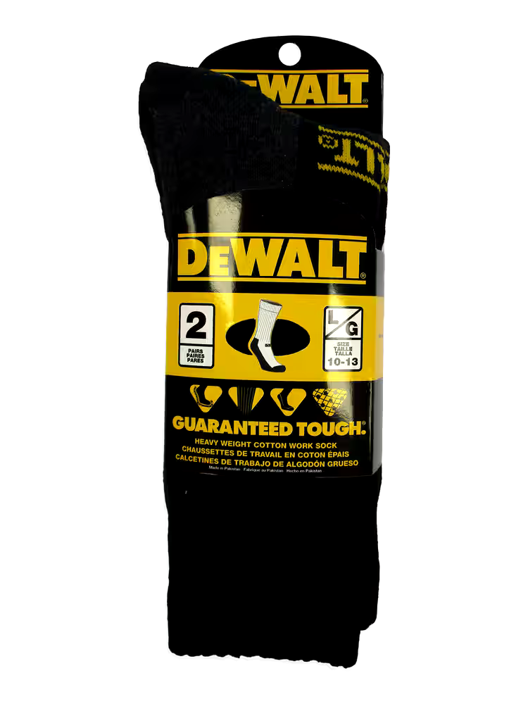 DEWALT Men's Heavy-Duty Cotton Work Socks, Fully Cushioned, Reinforced Heel/Toe, 2-pk, Black