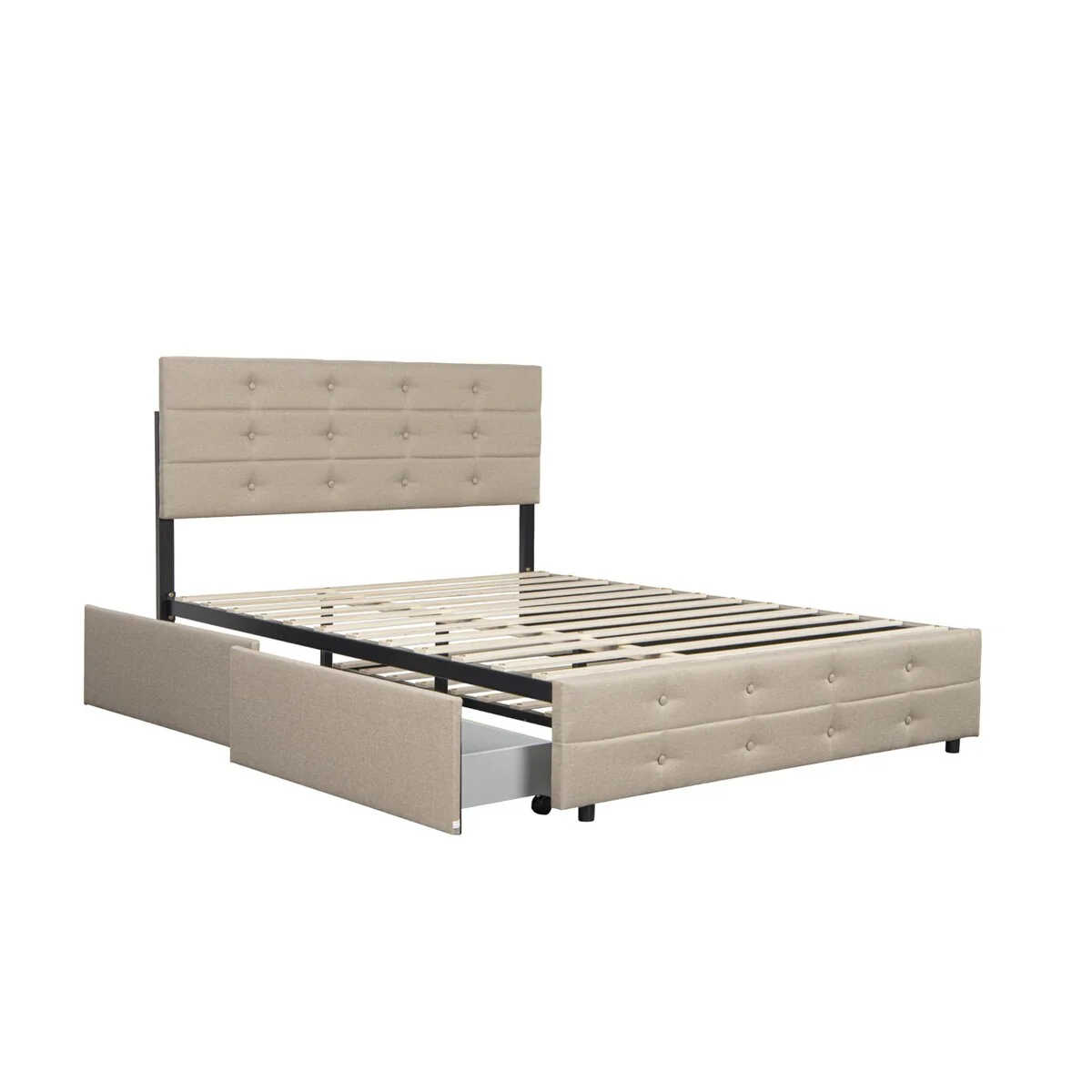 Upholstered bed with Trundle and drawers, Queen Size, Light Beige