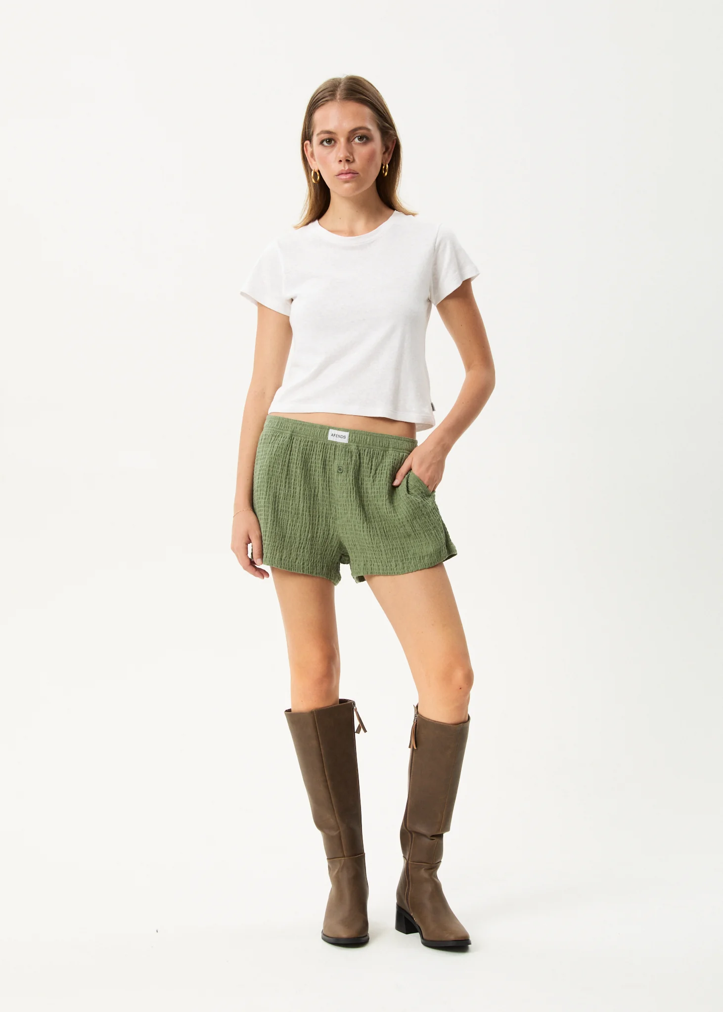 AFENDS Womens Focus - Seersucker Boxer Short - Oil Green