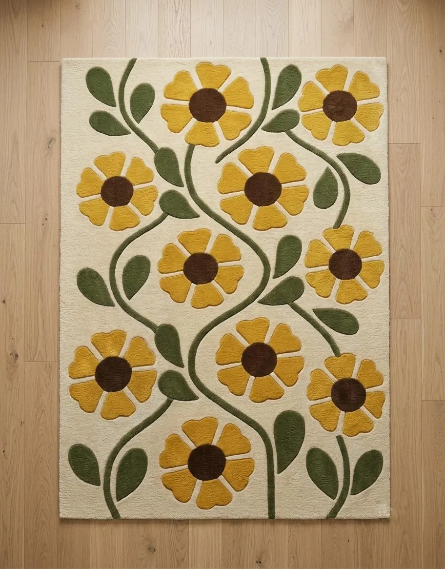 Hand Tufted Wool Floral Rug, Yellow Daisy Area Rug, 8x10 Ft,