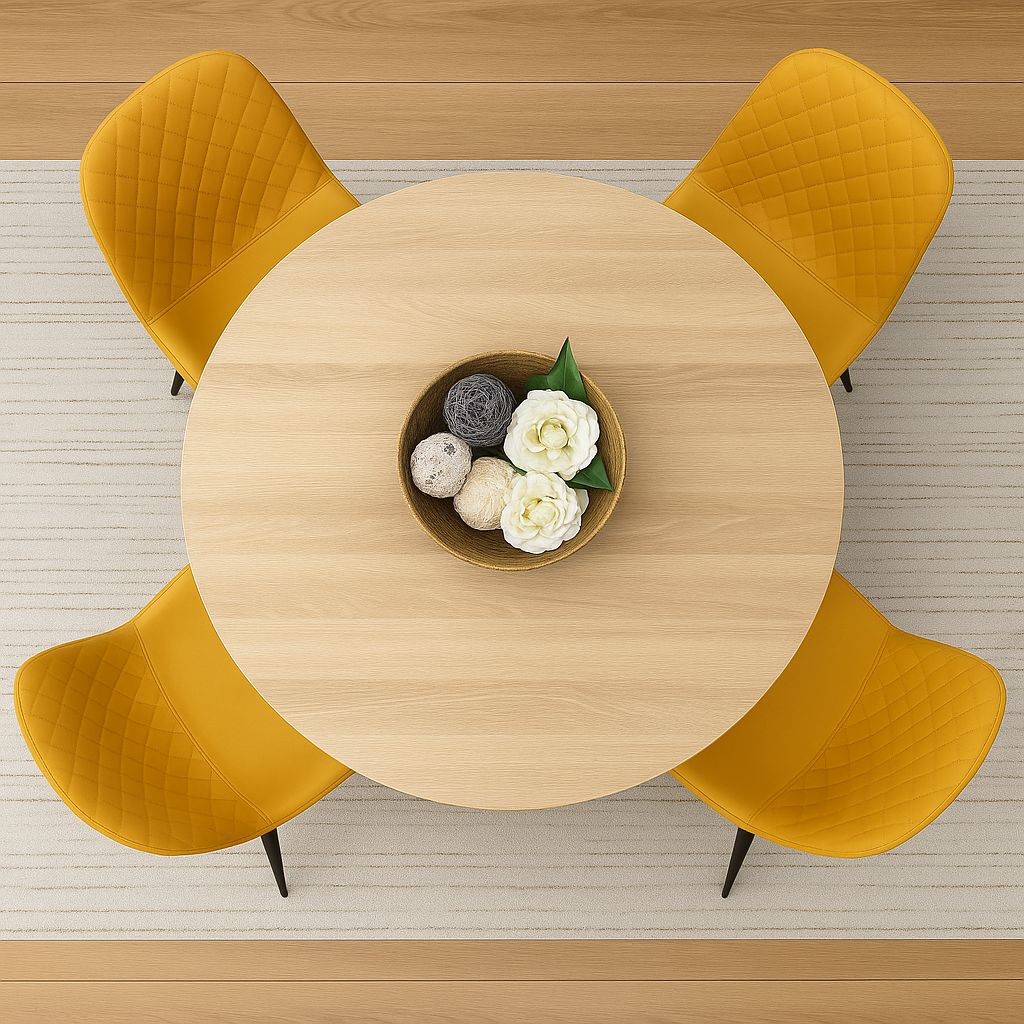 KOSY KOALA Modern Round Table Set With 4 Mustard Faux Leather Chairs