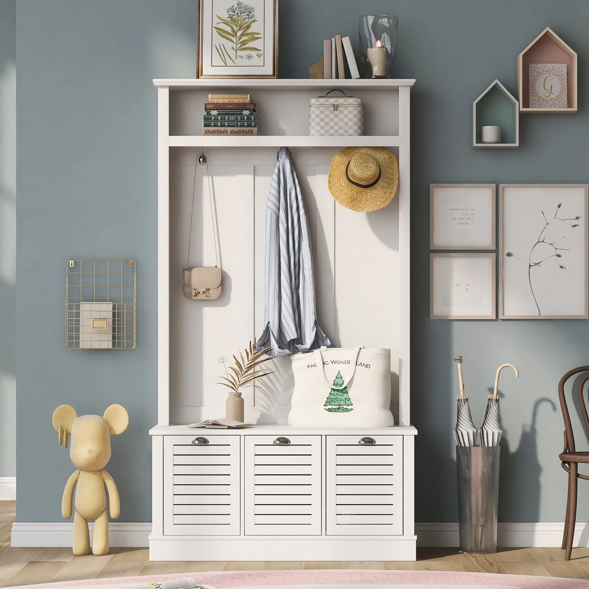 3-In-1 Design Coat Racks Hall Tree Padded Storage Bench with Top Open Shelves & 3 Sliding Drawers and 3 Metal Double Hooks