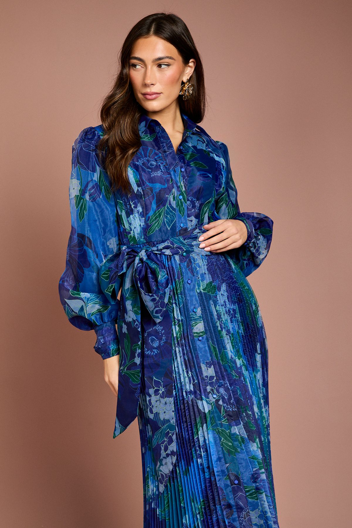 Coast Organza Floral Pleated Midi Shirt Dress