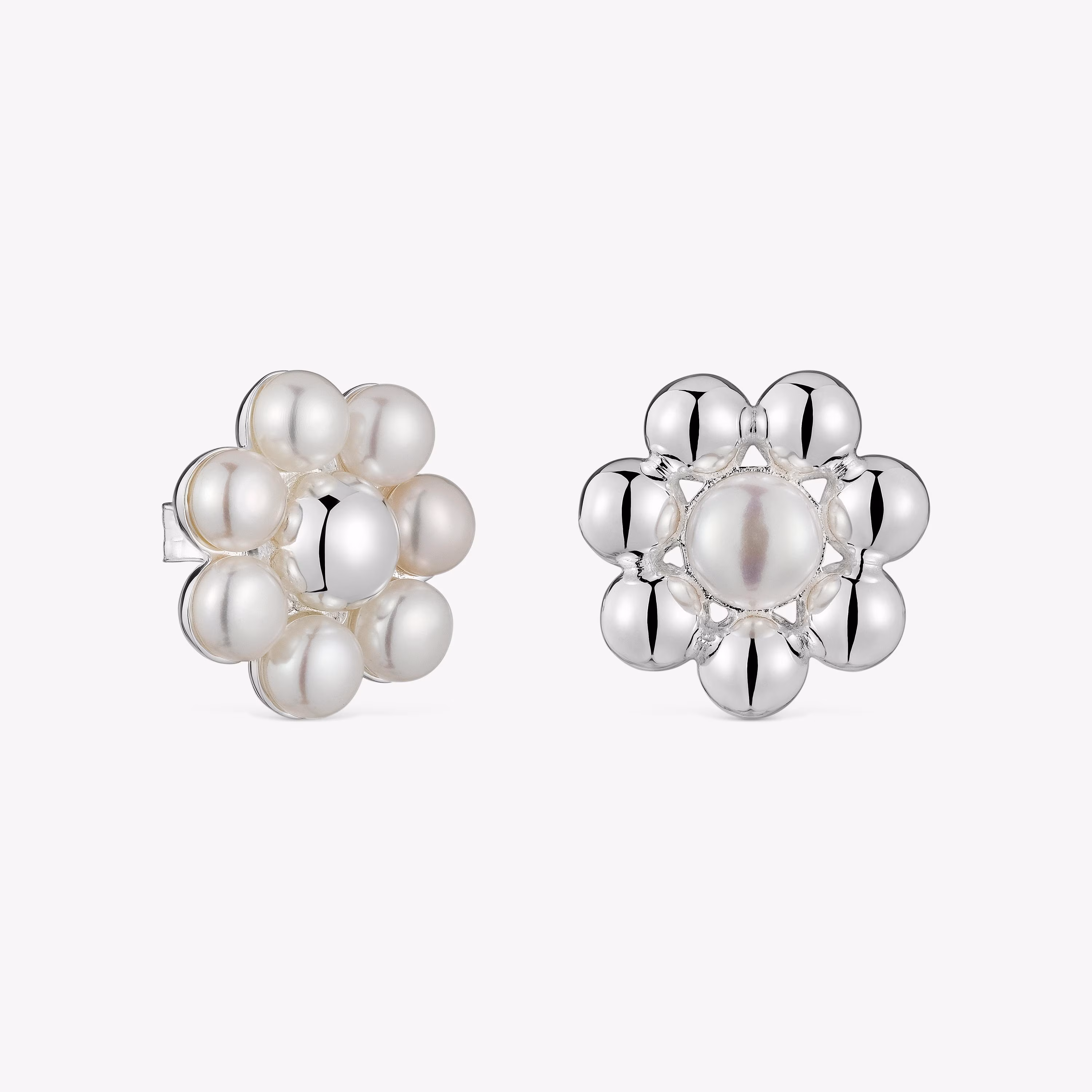 Pendientes cortos de plata flor y perlas cultivadas Sugar Party