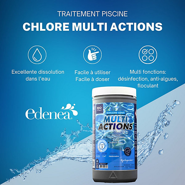Chlore Multi Actions Piscine - Pastilles 20G - Boite 1 kg - Traitement Longue Durée Multi Fonctions - Edg