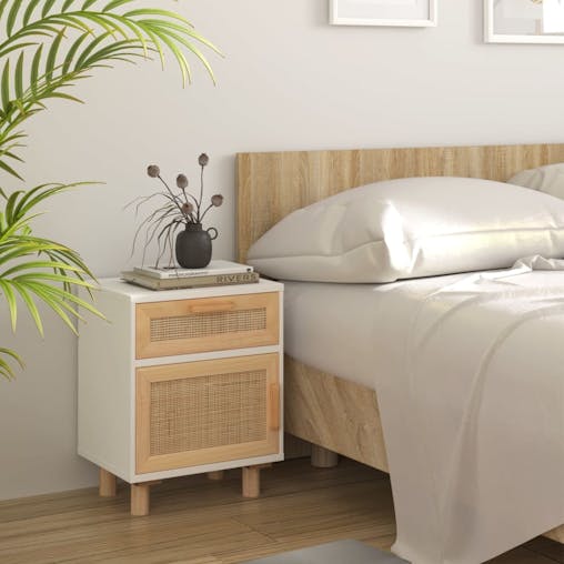 NNEVL Bedside Cabinets 2 pcs White Solid Wood Pine and Natural Rattan