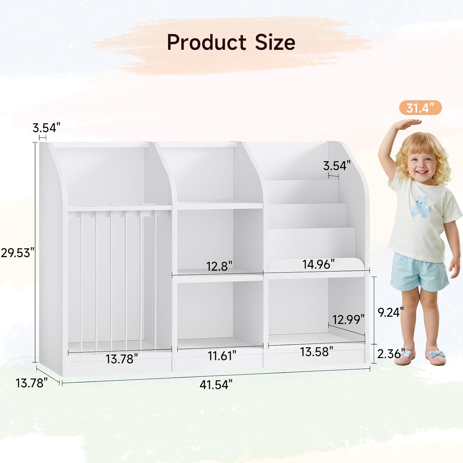 ONBRILL Toy Storage Organizer with Bookshelf & Stuffed Animal Storage, Kids Montessori Low Cabinet with 4 Open Cubbies for Kids Room Playroom Nursery Bedroom Living Room (White)