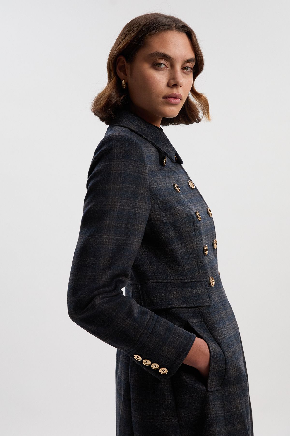 KarenMillen Wool Button Front Check Double Breasted Tailored Princess Coat