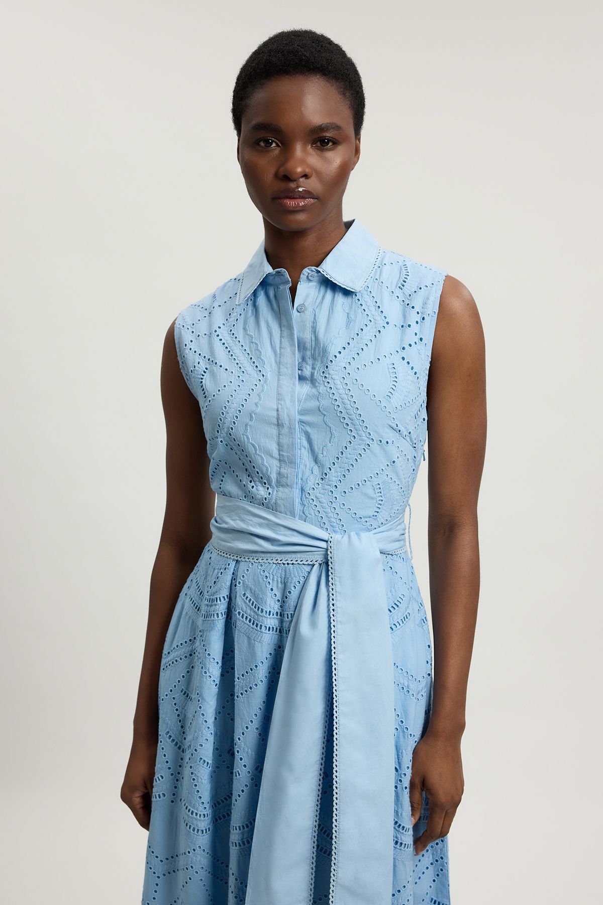 KarenMillen Petite Cotton Broderie Scalloped Hem Sleeveless Shirt Dress