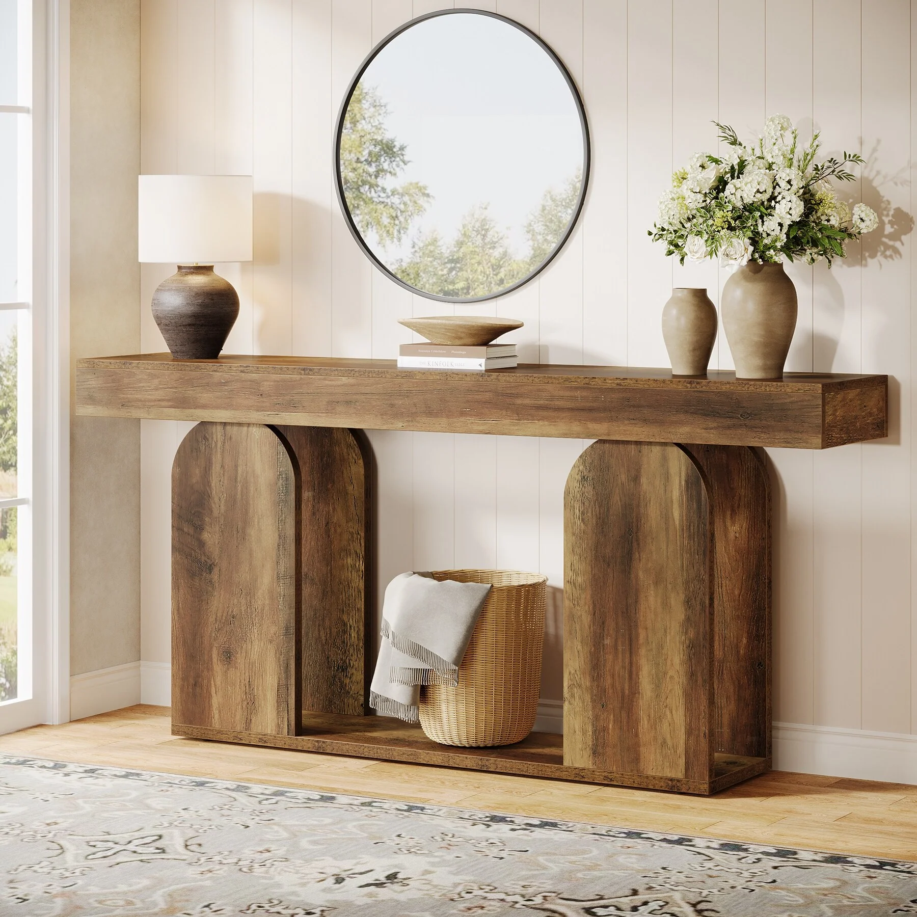 Industrial Wood Entryway Console Table with Dual Storage Shelves