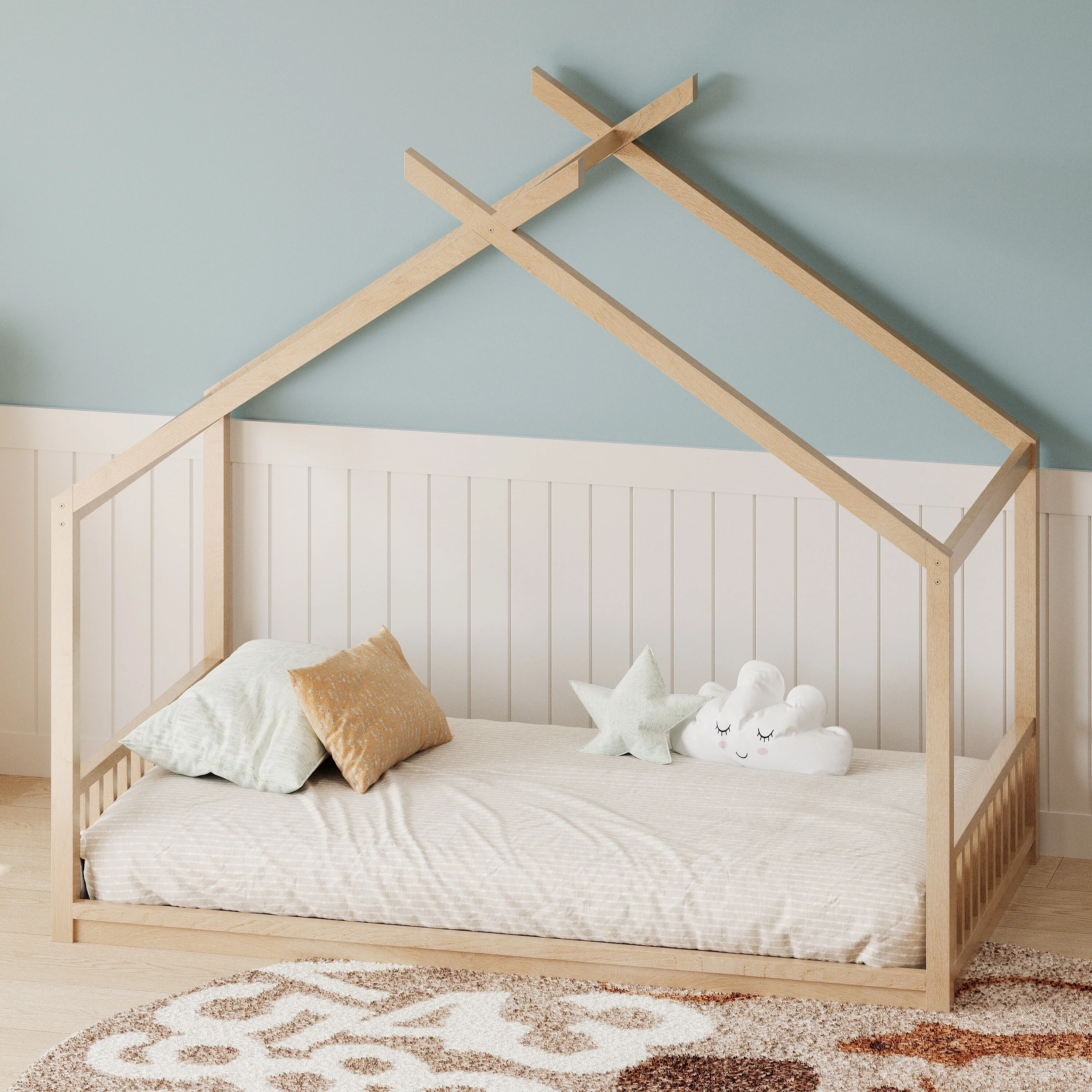 Montessori House-shape Bed Frame for Kids Toddler Floor Bed with Fence Headboard Footboard, Low Wooden Tent Bed Without Slats