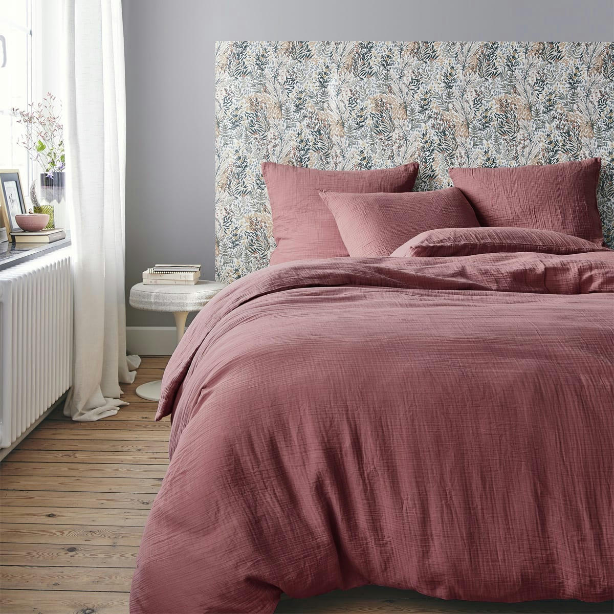 TENDRESSE - Parure de lit en gaze de coton rose 200x200