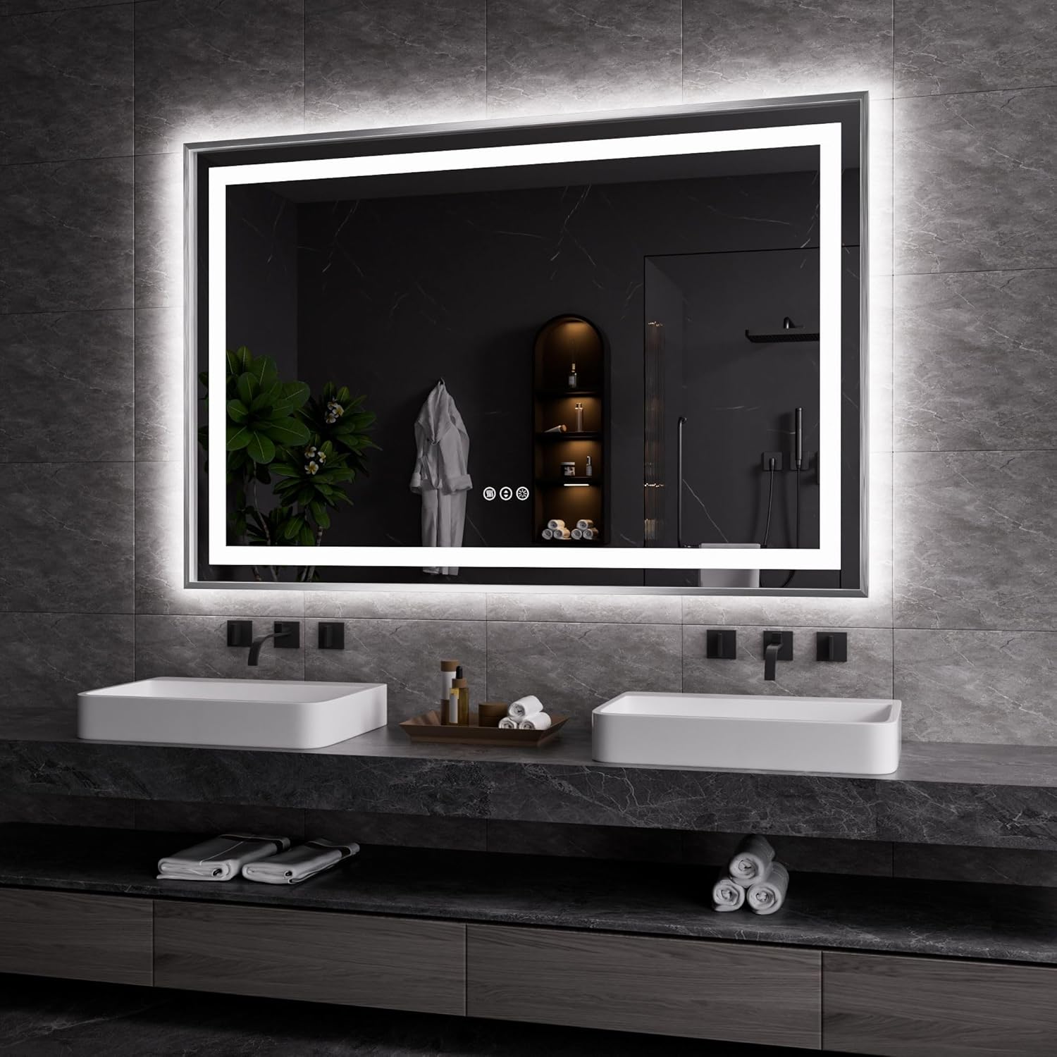 Amorho 60 X40 LED Bathroom Mirror, Brushed Nickel Framed Mirror with Front Light and Backlit, Stepless Dimmable, Anti-Fog, Shatter-Proof, Memory, 3 Colors