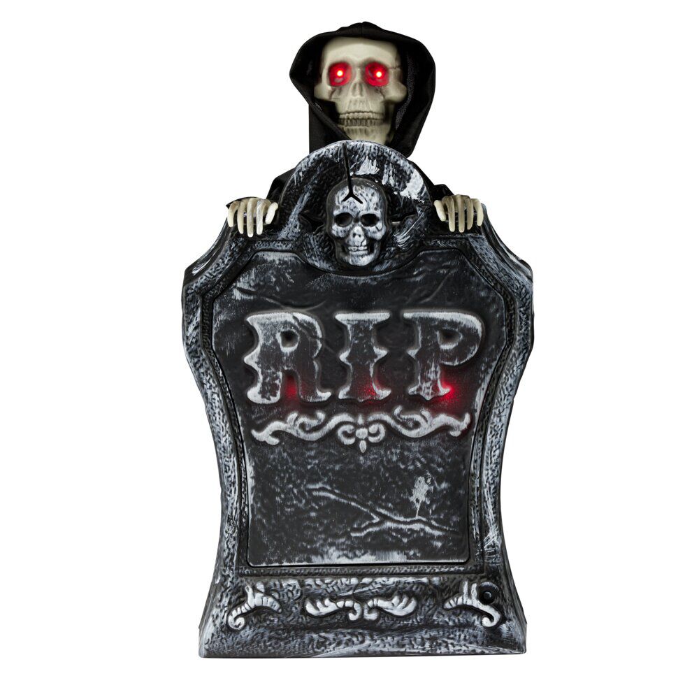Décoration Halloween pierre tombale squelette son et lumière plastique noir H39cm