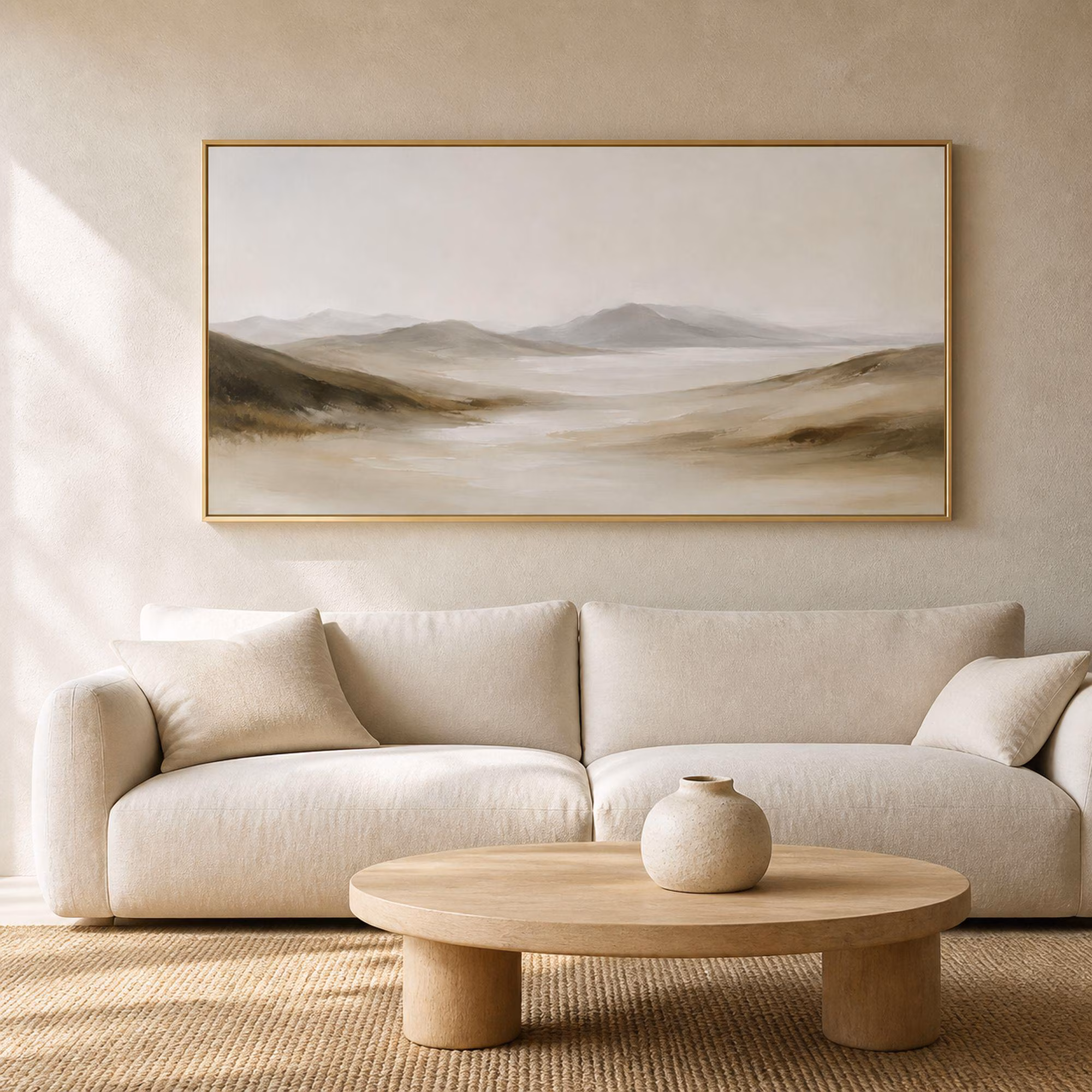 Neutral Mountain Landscape Art, Misty Ivory Valley, Panoramic Minimal Wall Decor