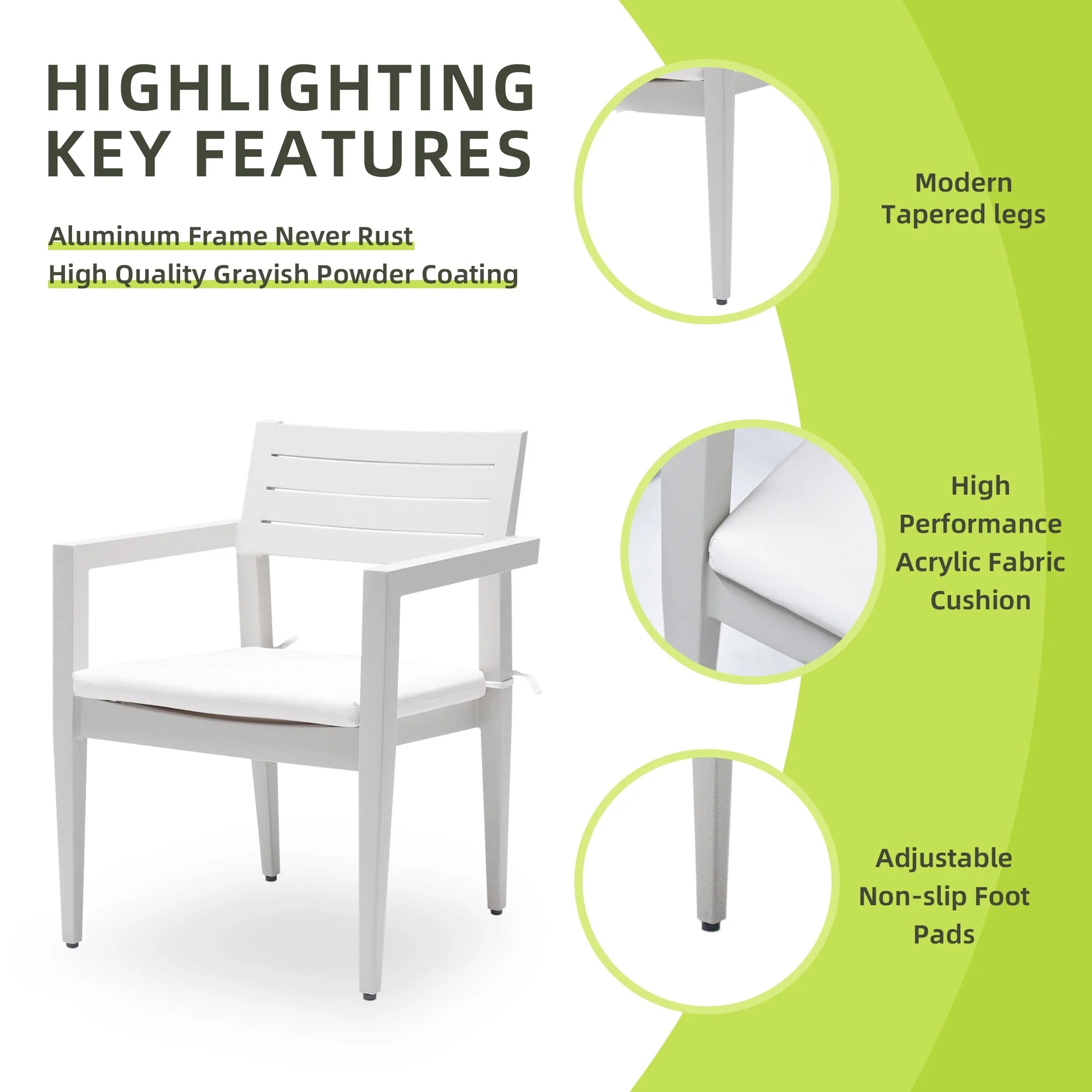 Outdoor Patio Modern Aluminum Stationary Dining Chairs 4PCS with Outdoor-Grade Sunbrella Fabric Cushions