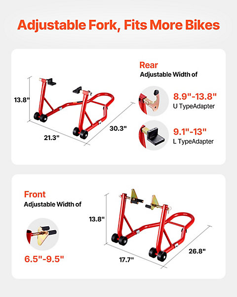 Béquille moto capacité 850 lb, support avant/arrière double fourche, compatible Yamaha/Honda/Kawasaki/Suzuki, rouge.