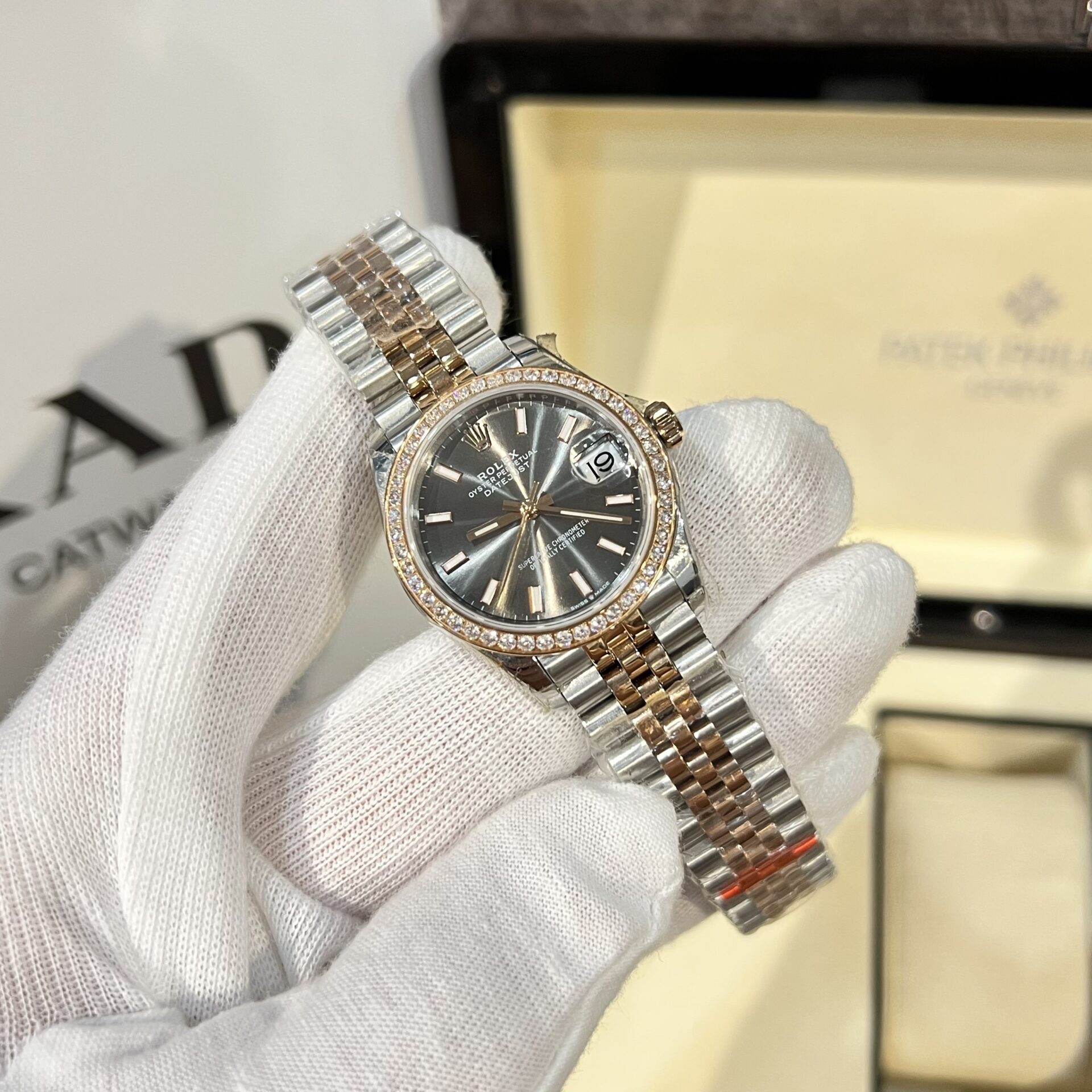 Rolex Datejust SS/RG Plated Grey Dial CZ Diamonds 31mm Jub EWF Replica