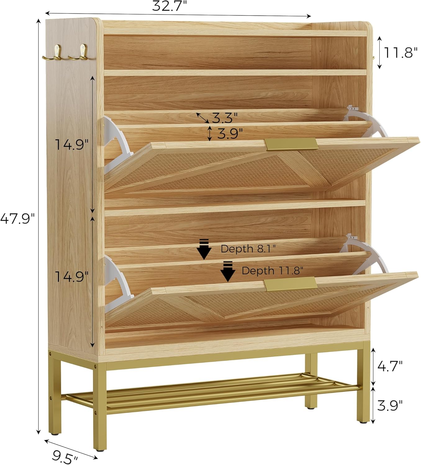 IRONCK Shoe Cabinet with 2 Flip Drawers, 48.3 H x 34.2 W x 10.2 D, Rattan Shoe Storage Organizer Cabinet with 4 Side Hooks, Free Standing Narrow Shoe Rack Cabinet for Entryway, Natural Oak