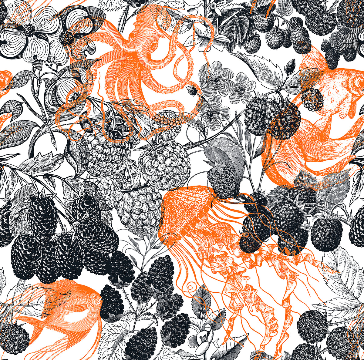 Walls4You behang fruit en dieren zwart en oranje - 53 cm x 10 m - 640118