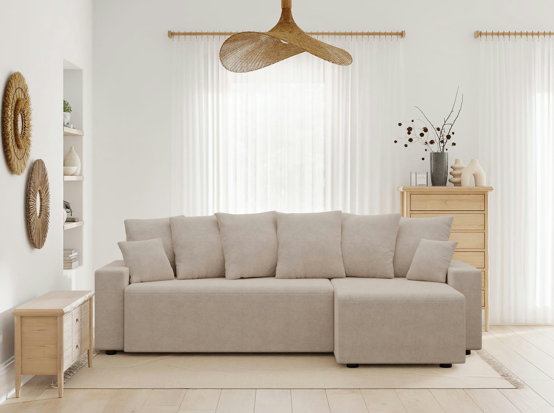 ALMA - Canapé d'angle convertible en tissu 4 places beige