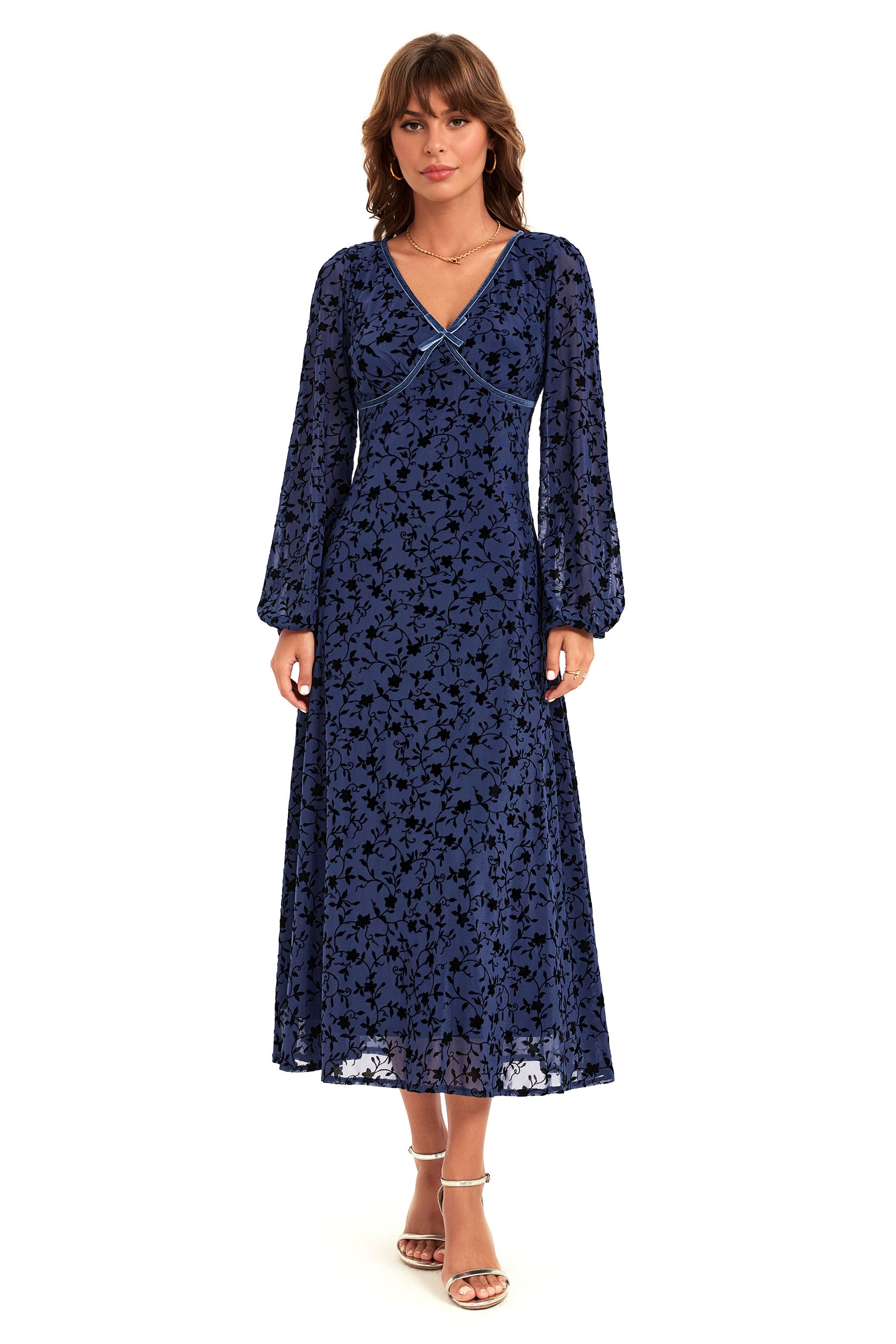 FS Collection Floral Velvet Devore V Neckline Midi Dress In Navy