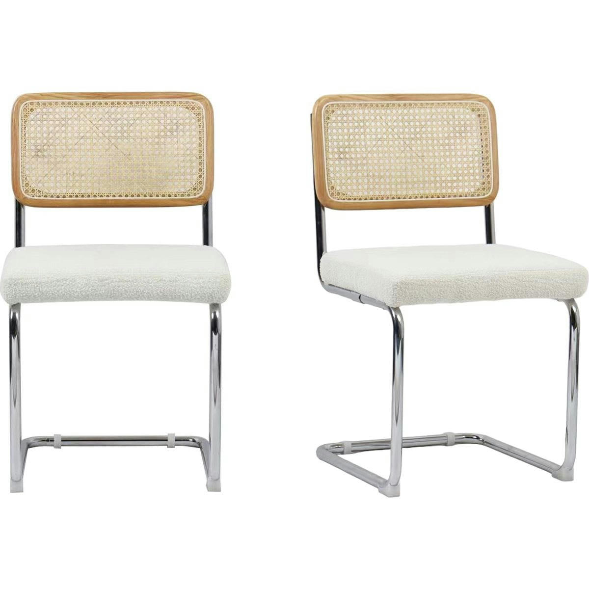 MUSE - Lot de 2 chaises en cannage, tissu bouclé écru et métal chromé